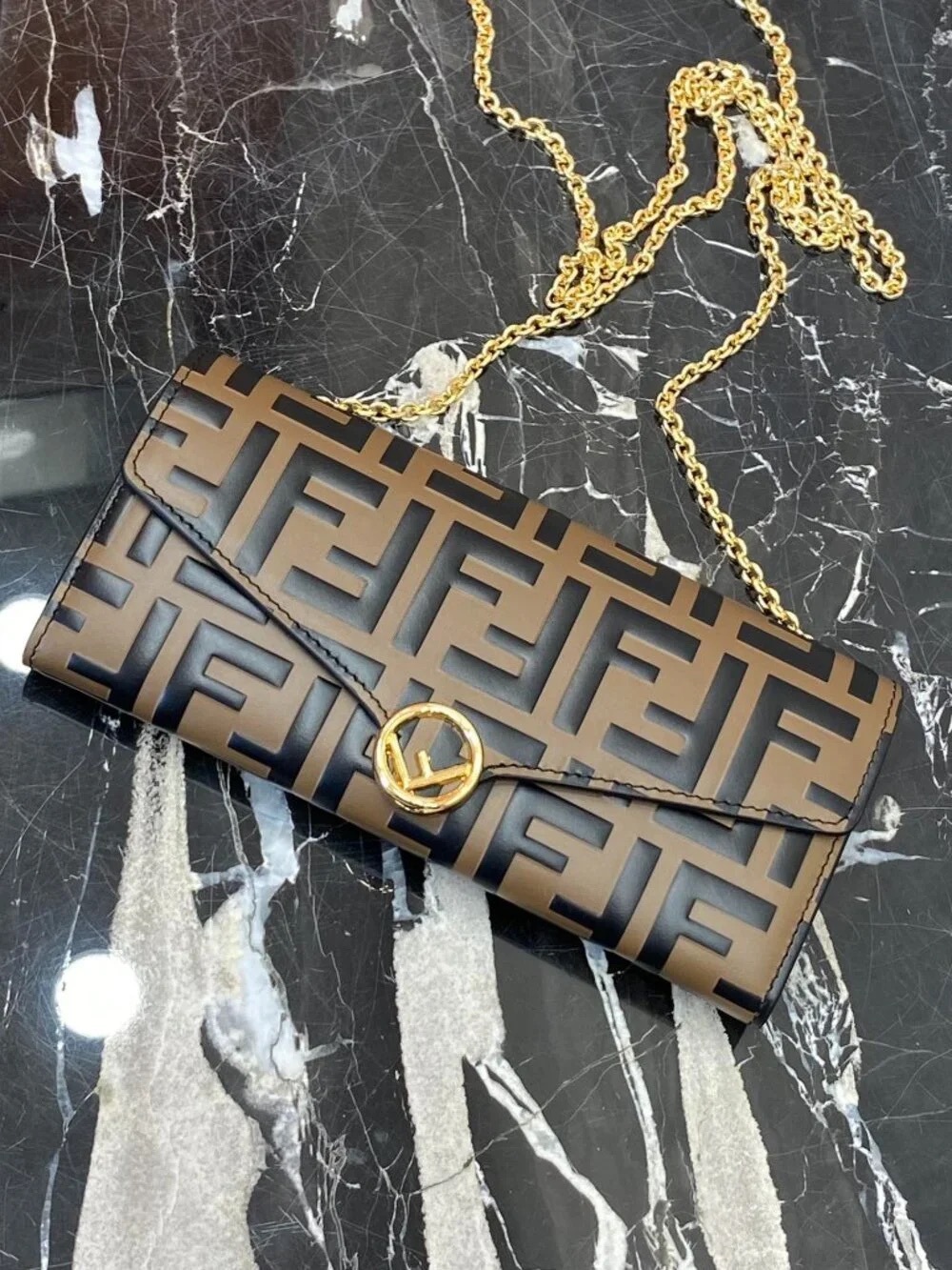 Fendi Brown FF Logo Crossbody with Gold Circle Logo